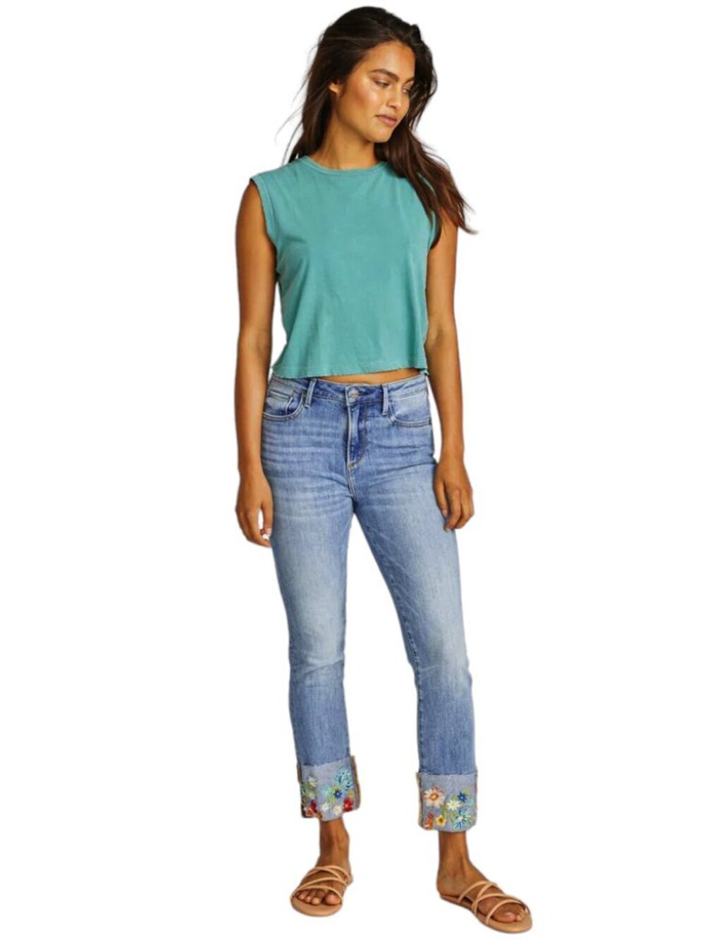 Driftwood free people bohemian floral Embroidered Hem Jeans Anthropologie 27 co